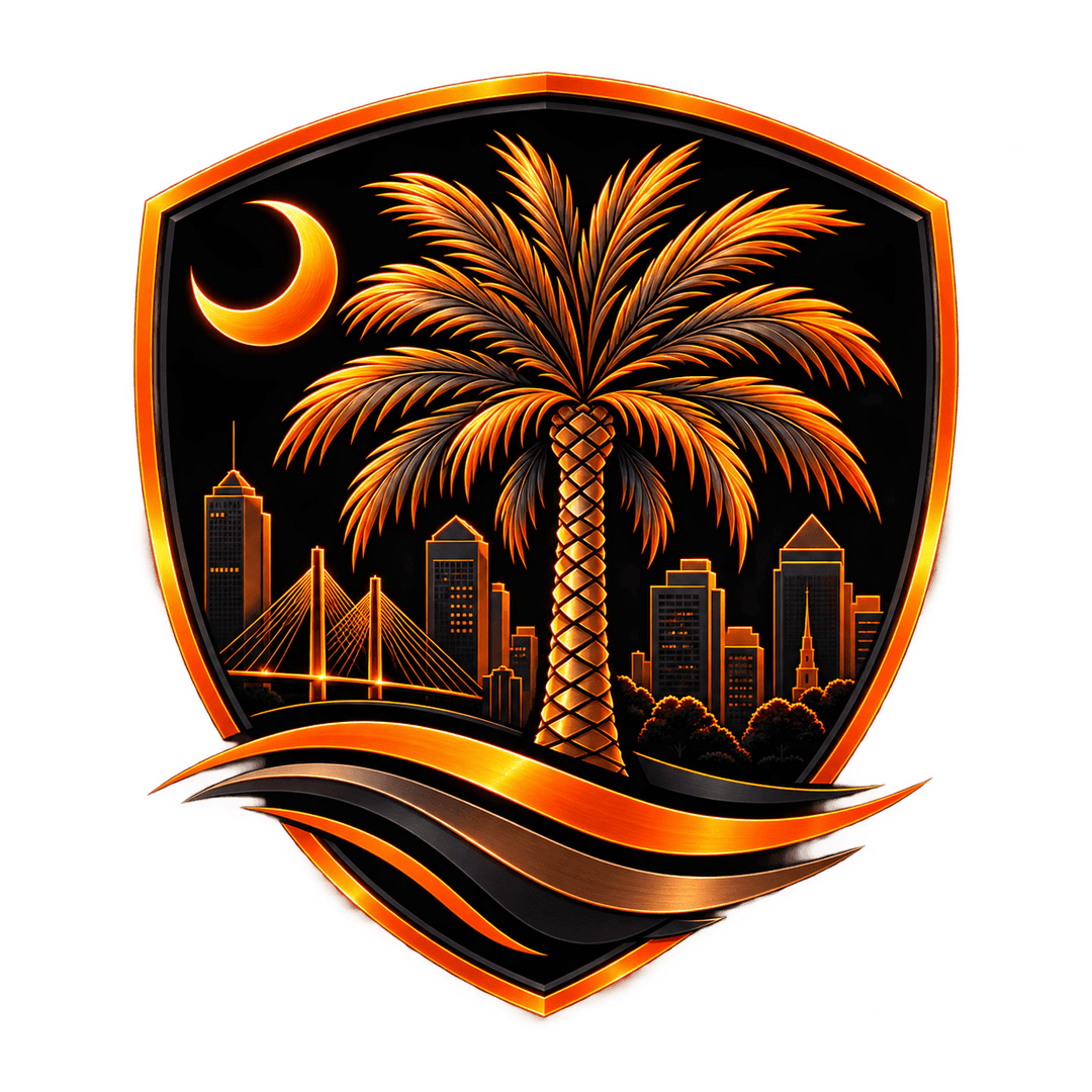Palmetto Managed Solutions shield logo — palmetto tree and crescent moon over the Charleston skyline